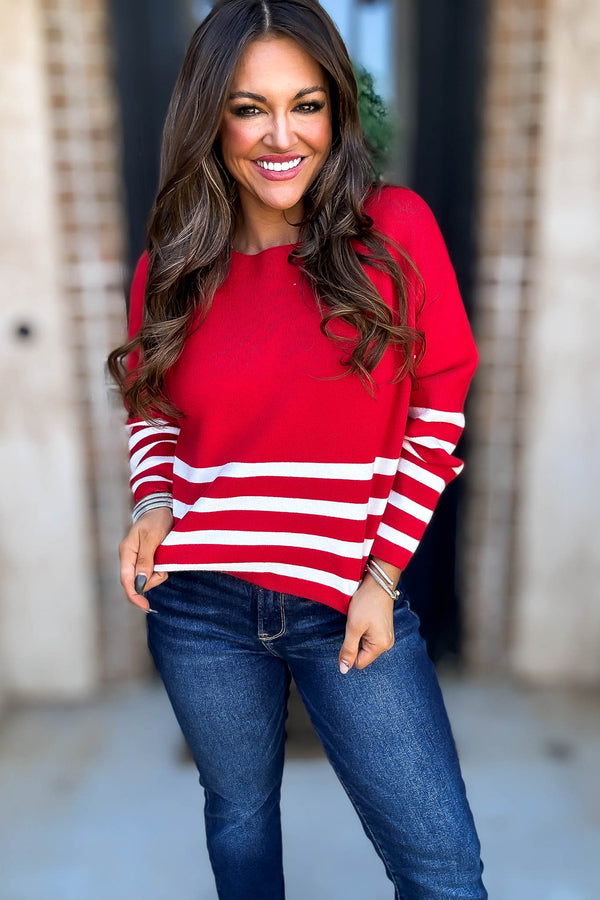 Viscose Red And Ivory Striped Sweater