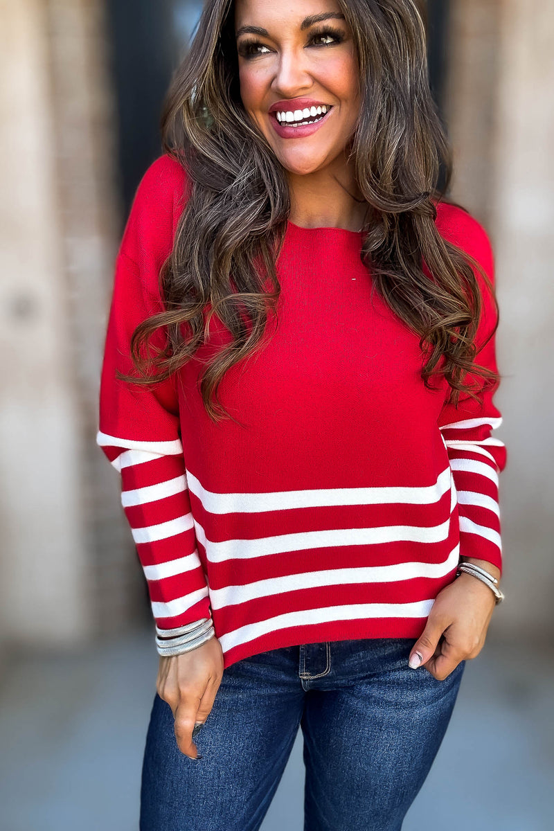 Viscose Red And Ivory Striped Sweater