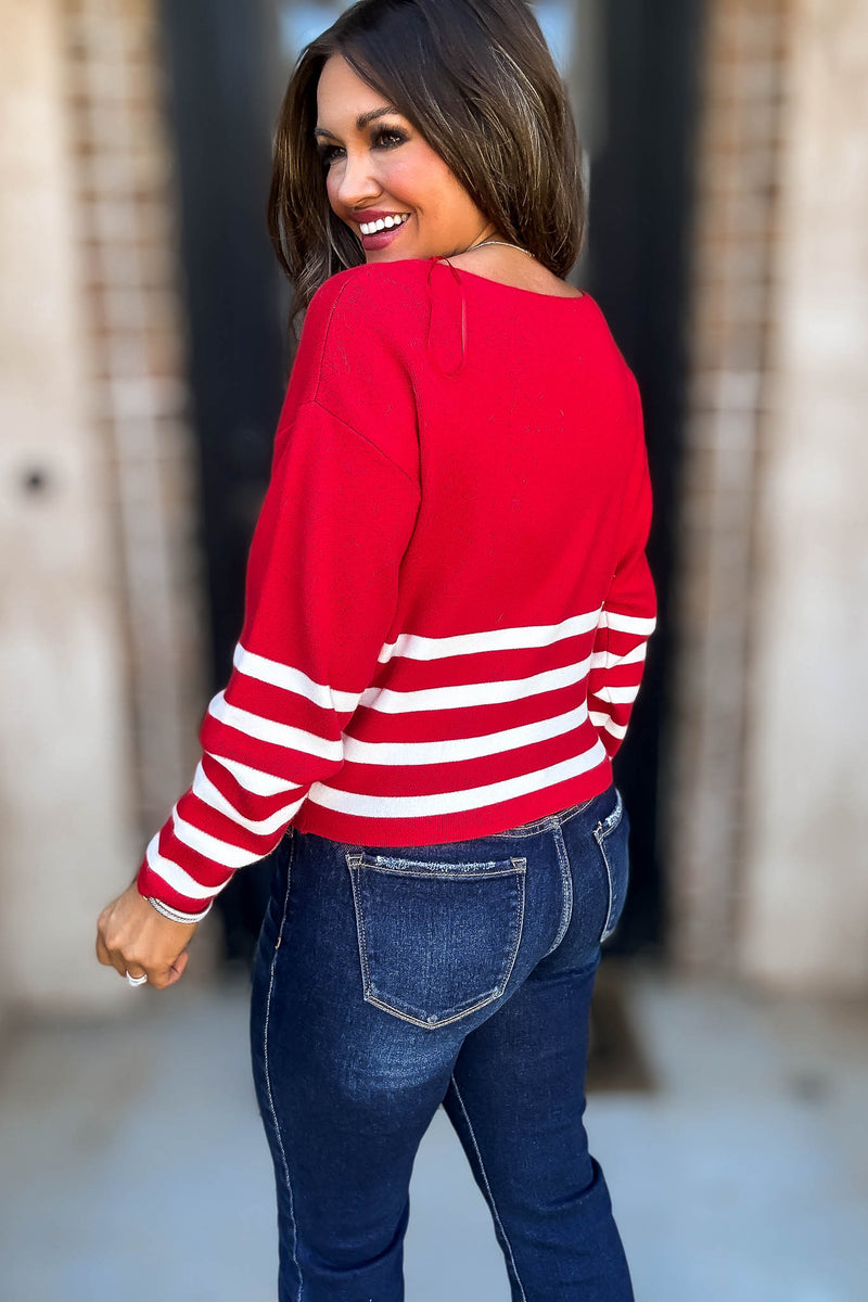 Viscose Red And Ivory Striped Sweater