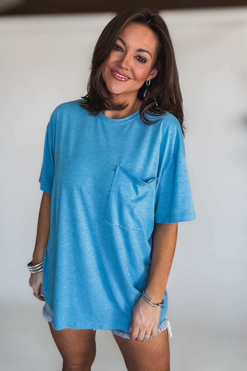 Tri Blend Heather Deep Sky Oversized Front Pocket Boyfriend Tee