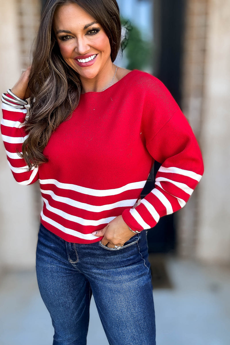 Viscose Red And Ivory Striped Sweater