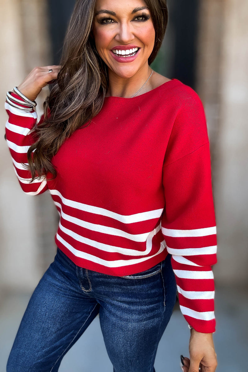 Viscose Red And Ivory Striped Sweater