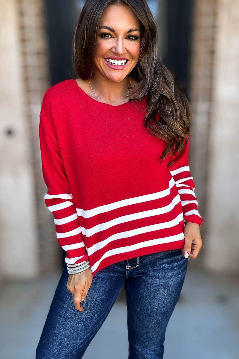 Viscose Red And Ivory Striped Sweater