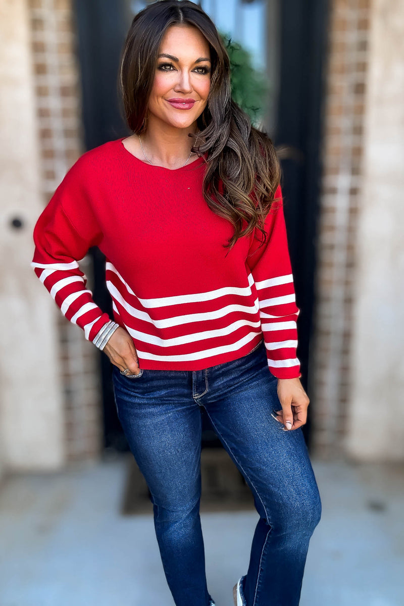 Viscose Red And Ivory Striped Sweater