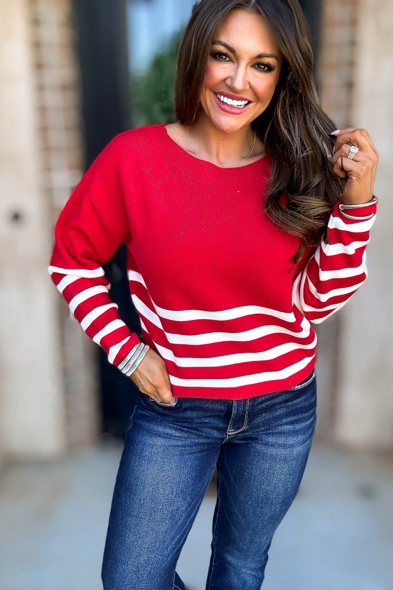 Viscose Red And Ivory Striped Sweater