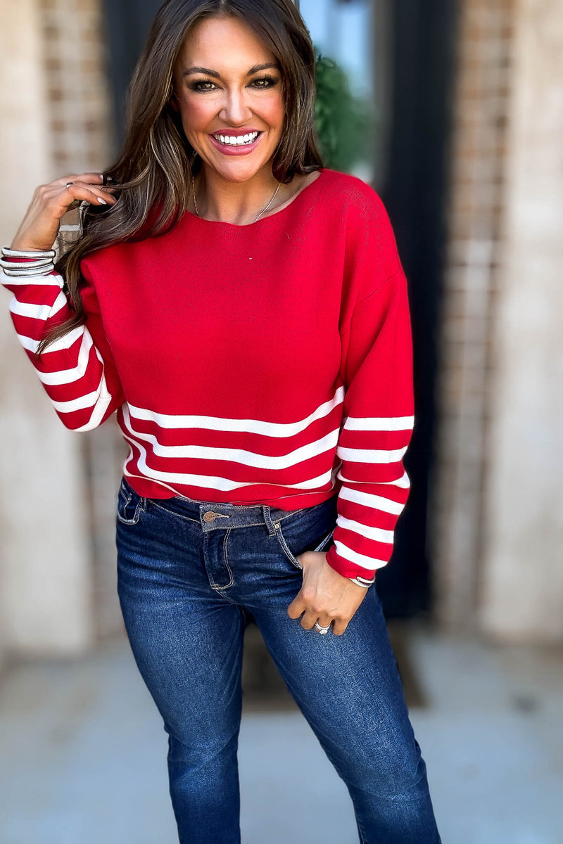 Viscose Red And Ivory Striped Sweater