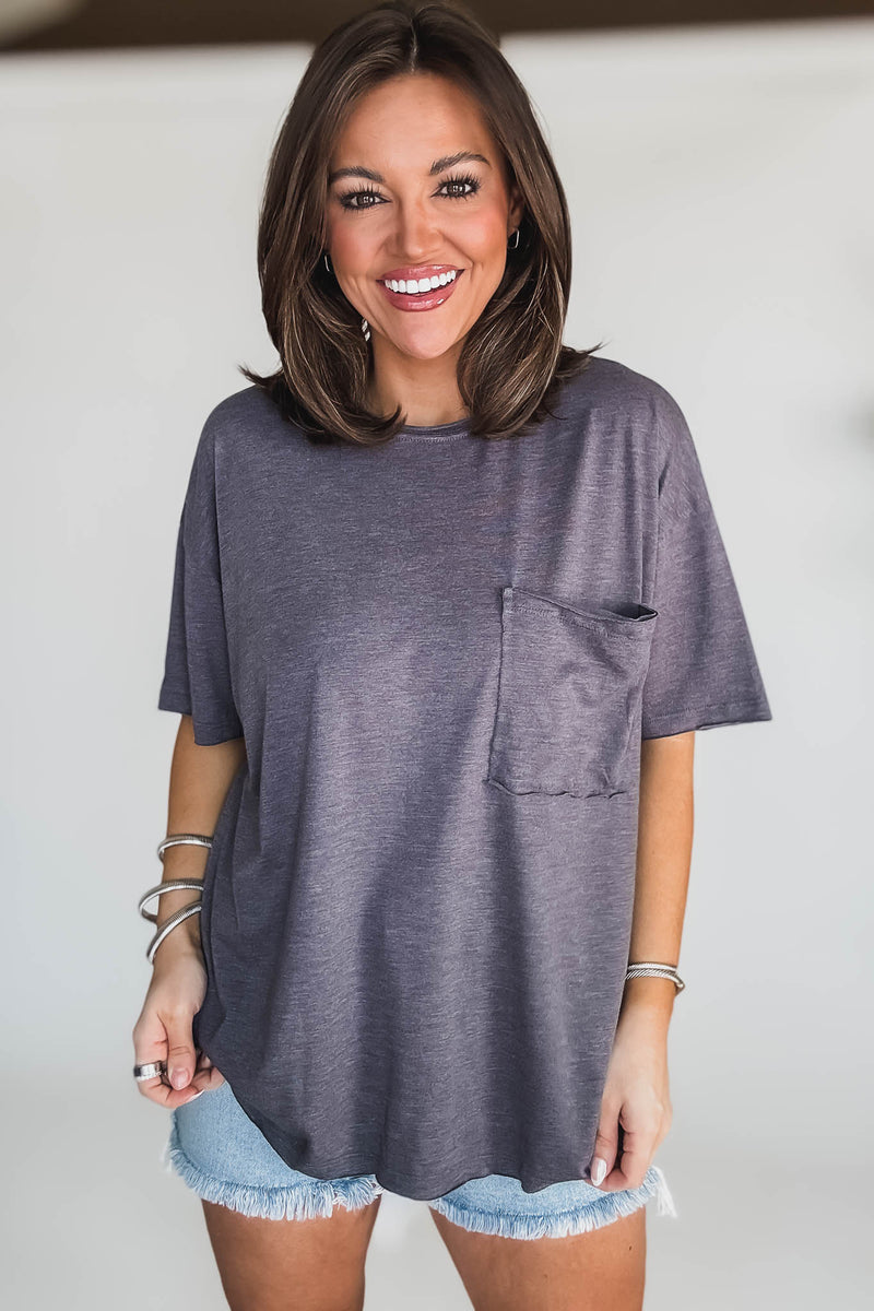 Tri Blend Heather Black Oversized Front Pocket Boyfriend Tee