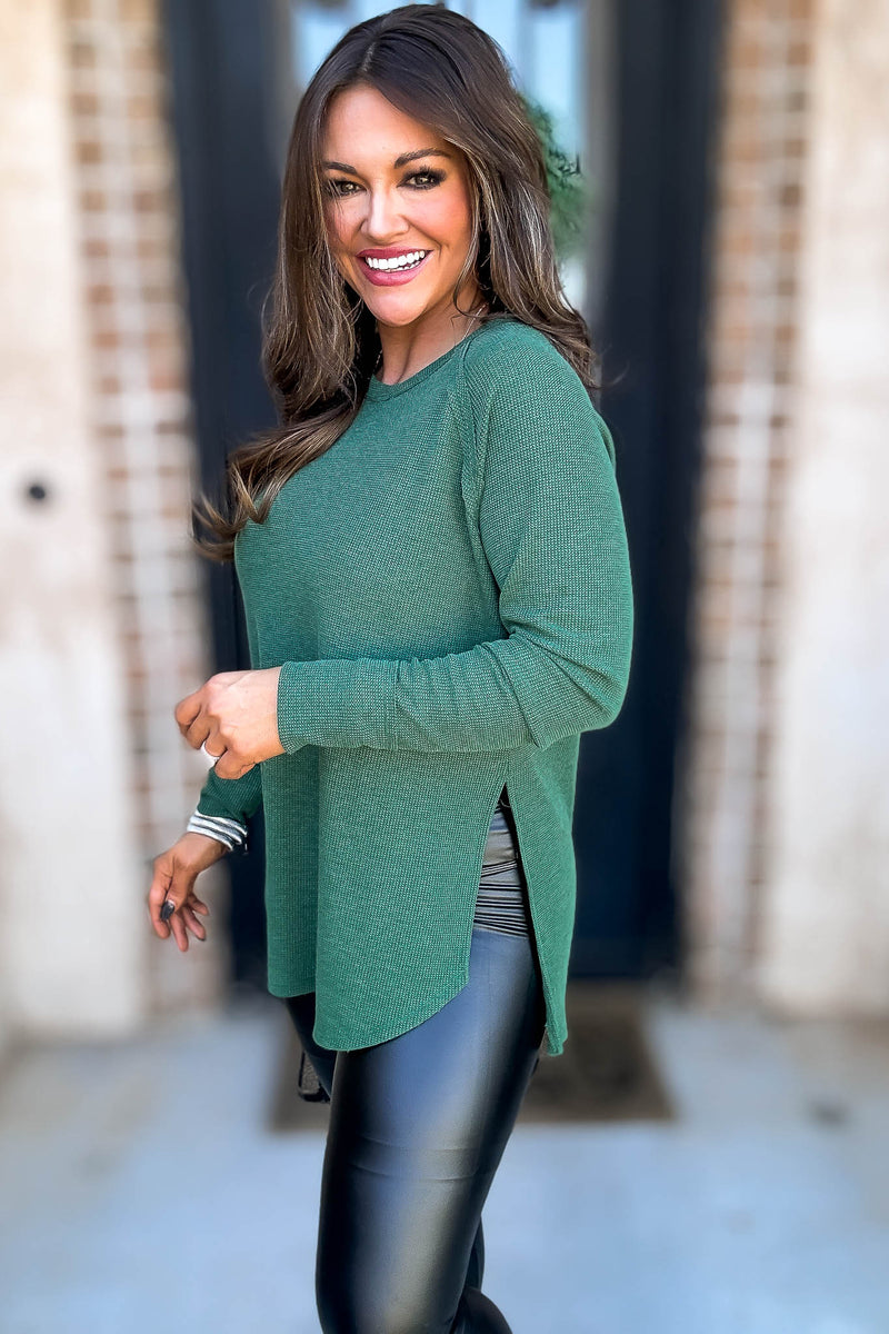 Breath Of Fresh Air Dark Green Melage Baby Waffle Long Sleeve Top