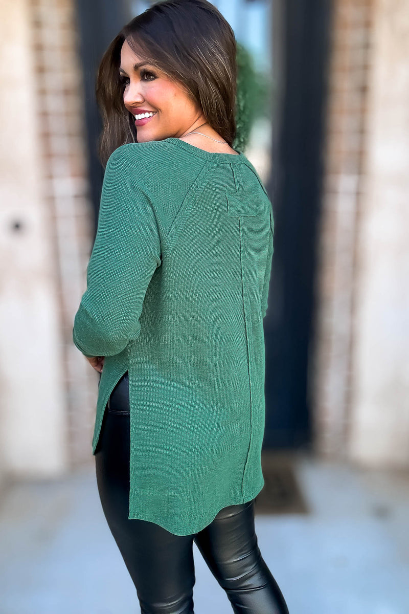 Breath Of Fresh Air Dark Green Melage Baby Waffle Long Sleeve Top