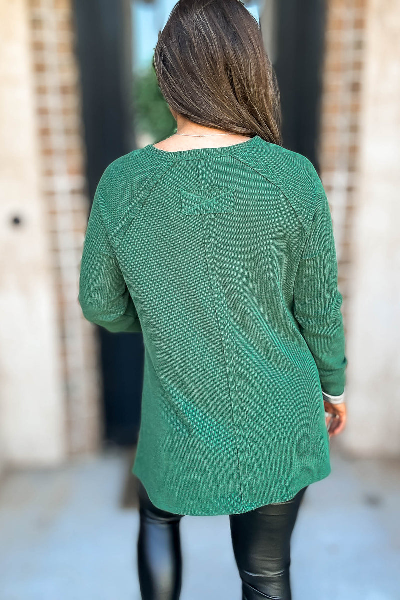 Breath Of Fresh Air Dark Green Melage Baby Waffle Long Sleeve Top