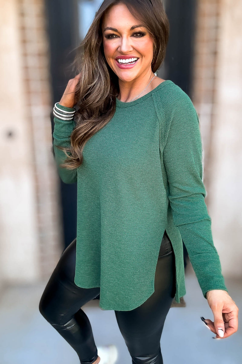 Breath Of Fresh Air Dark Green Melage Baby Waffle Long Sleeve Top