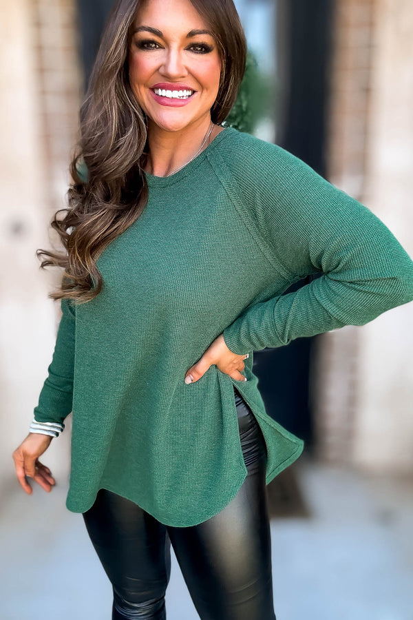 Breath Of Fresh Air Dark Green Melage Baby Waffle Long Sleeve Top