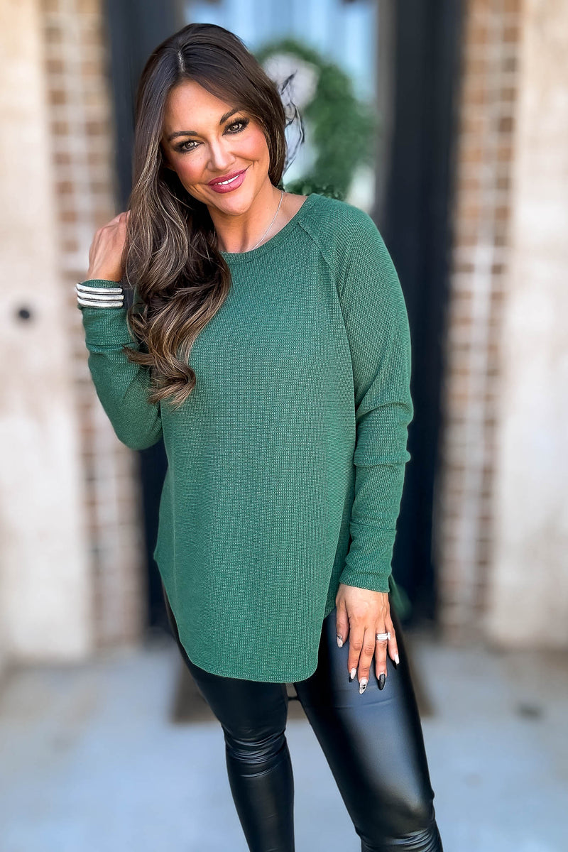 Breath Of Fresh Air Dark Green Melage Baby Waffle Long Sleeve Top
