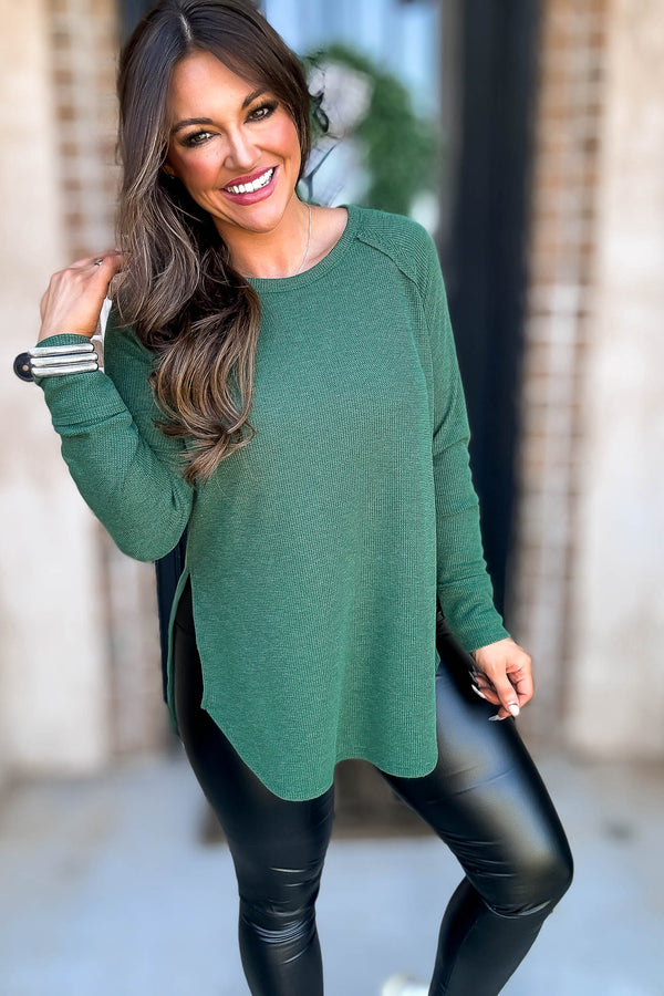 Breath Of Fresh Air Dark Green Melage Baby Waffle Long Sleeve Top