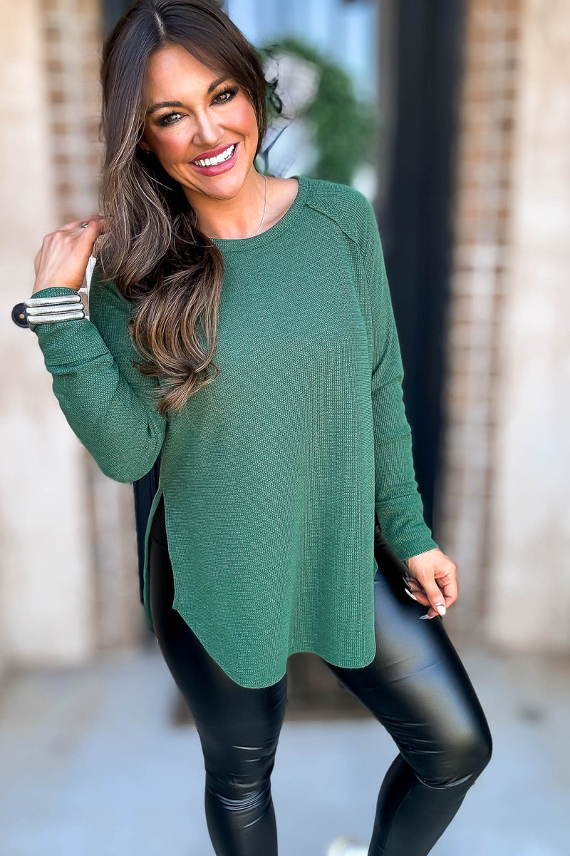 Breath Of Fresh Air Dark Green Melage Baby Waffle Long Sleeve Top