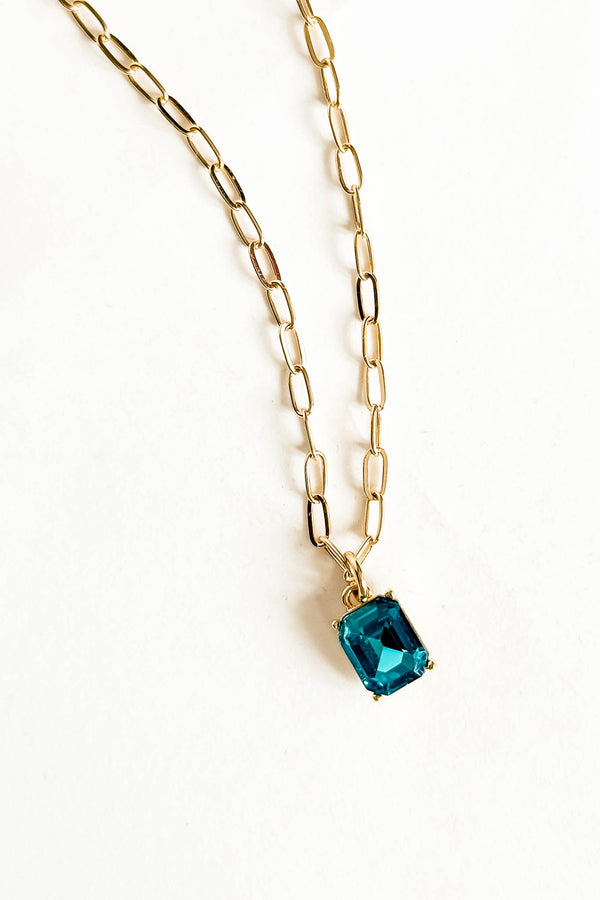 18k Gold Aqua gem Stone Non-tarnish Link Necklace