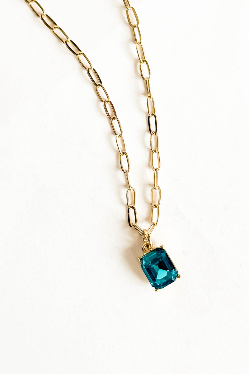 18k Gold Aqua gem Stone Non-tarnish Link Necklace