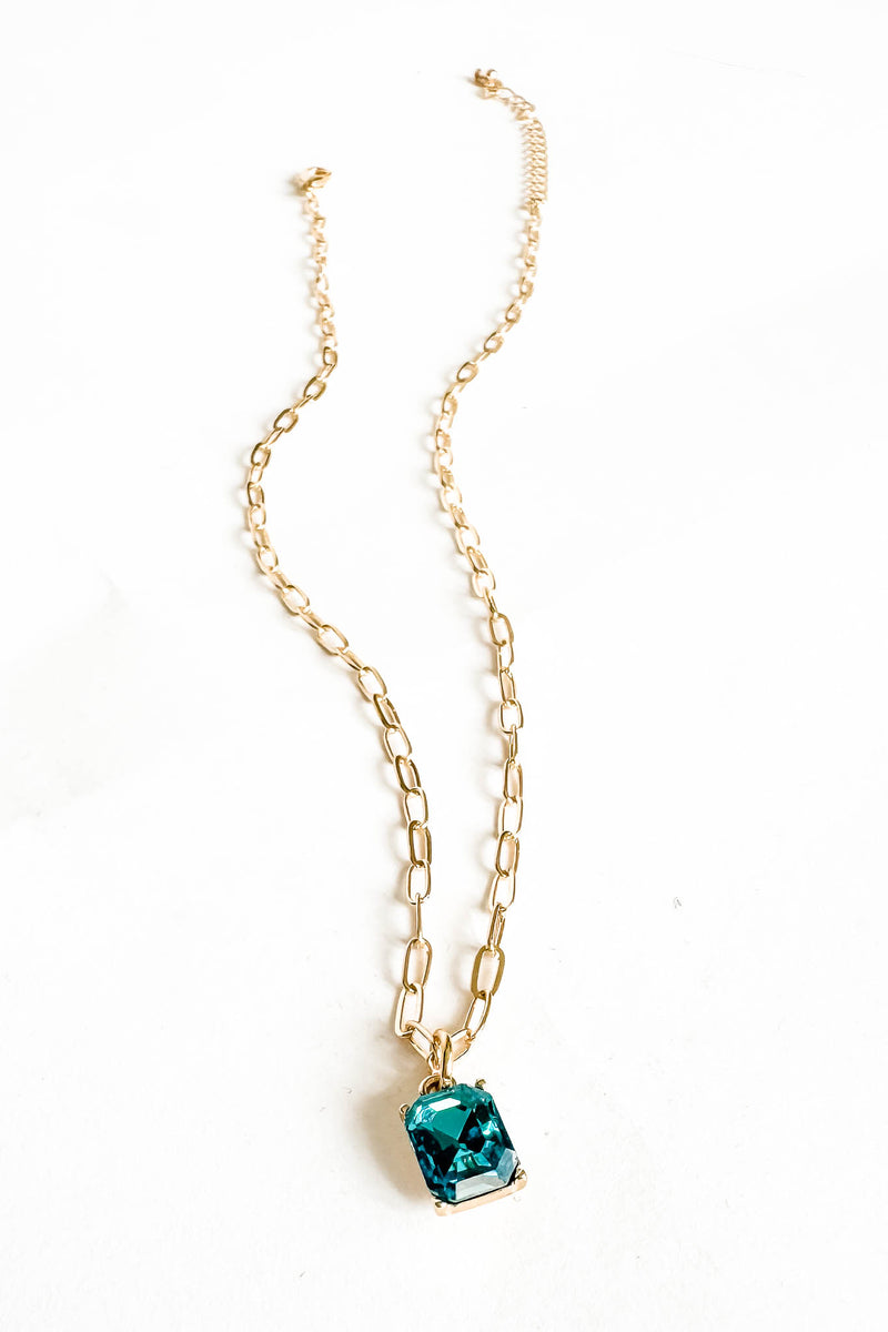 18k Gold Aqua gem Stone Non-tarnish Link Necklace
