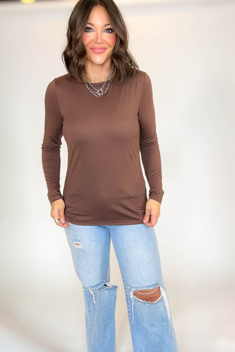 2 FOR $20 SPECIAL BROWN AND TEAL Brushed Microfiber Long Sleeve Round Neck Tee