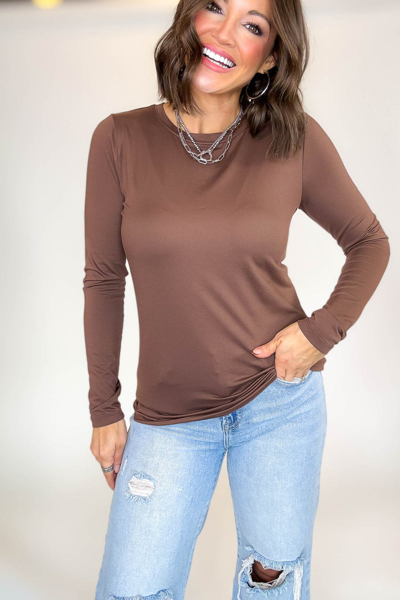 2 FOR $20 SPECIAL BROWN AND TEAL Brushed Microfiber Long Sleeve Round Neck Tee