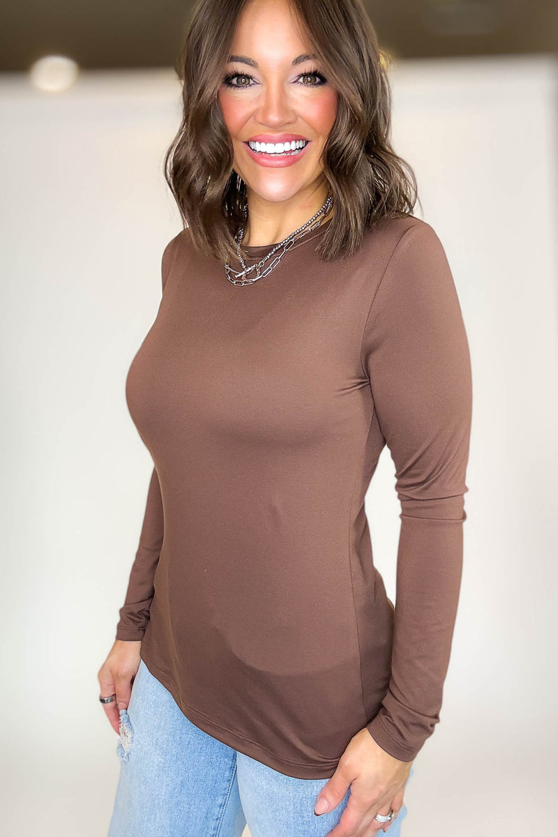 2 FOR $20 SPECIAL BROWN AND TEAL Brushed Microfiber Long Sleeve Round Neck Tee