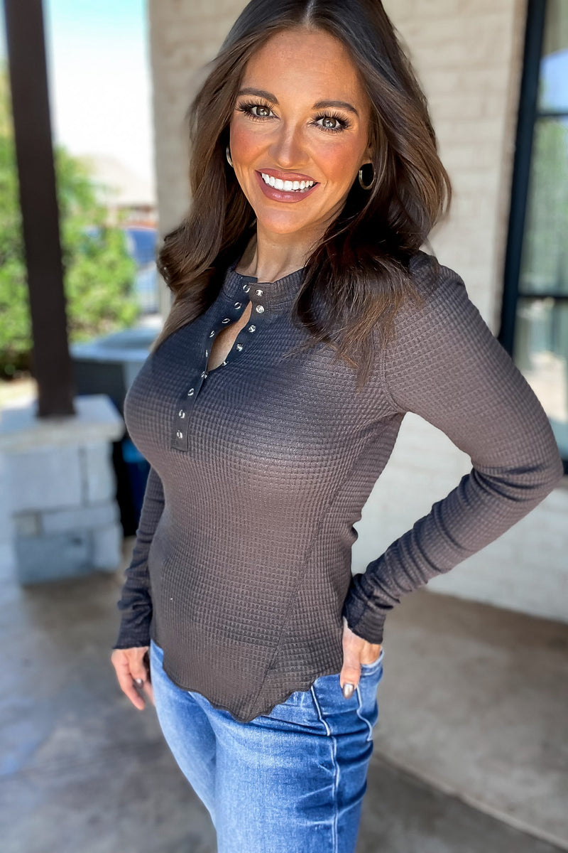 Full of Surprises Ash Grey Waffle Snap Top