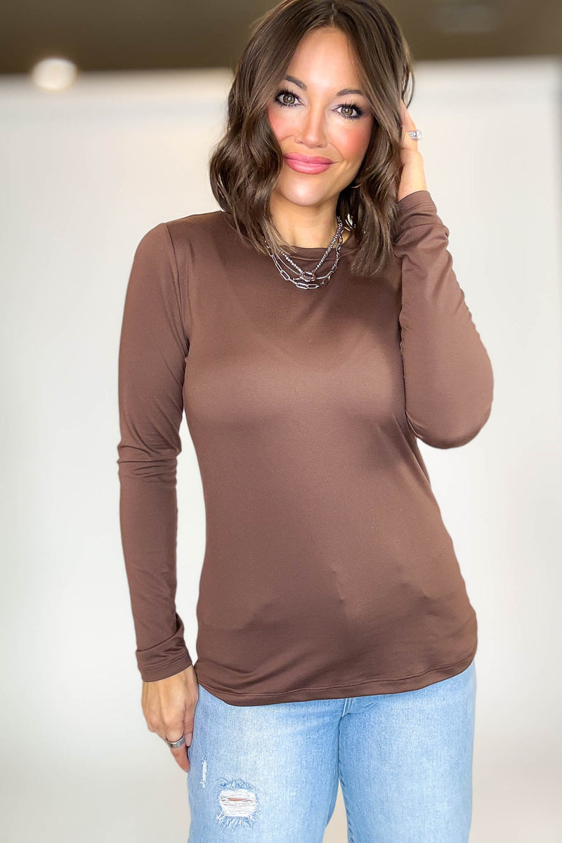 2 FOR $20 SPECIAL BROWN AND TEAL Brushed Microfiber Long Sleeve Round Neck Tee