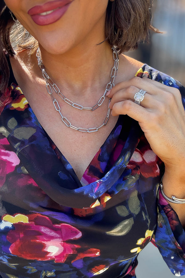 36 inch Silver Textured Metal Paperclip Chain Long Necklace