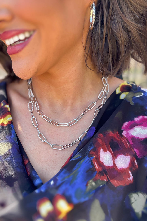 36 inch Silver Textured Metal Paperclip Chain Long Necklace
