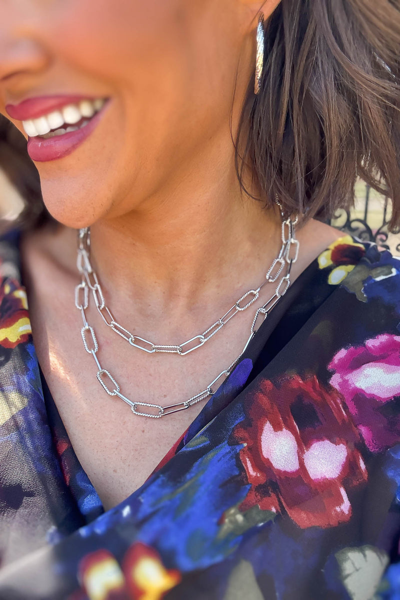 36 inch Silver Textured Metal Paperclip Chain Long Necklace