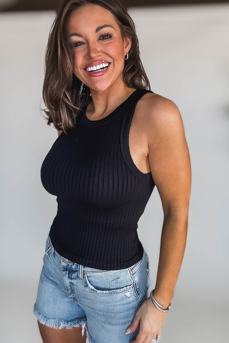 Seamless Black Ribbed Tank Top