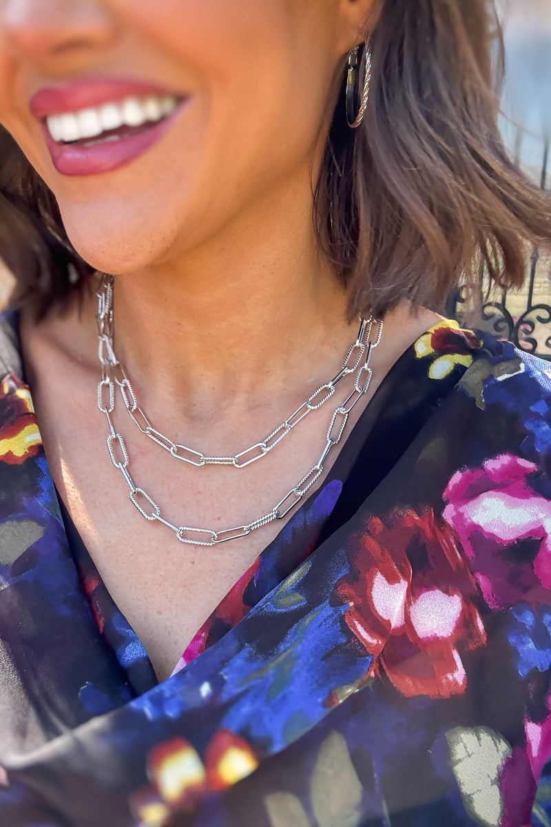 36 inch Silver Textured Metal Paperclip Chain Long Necklace