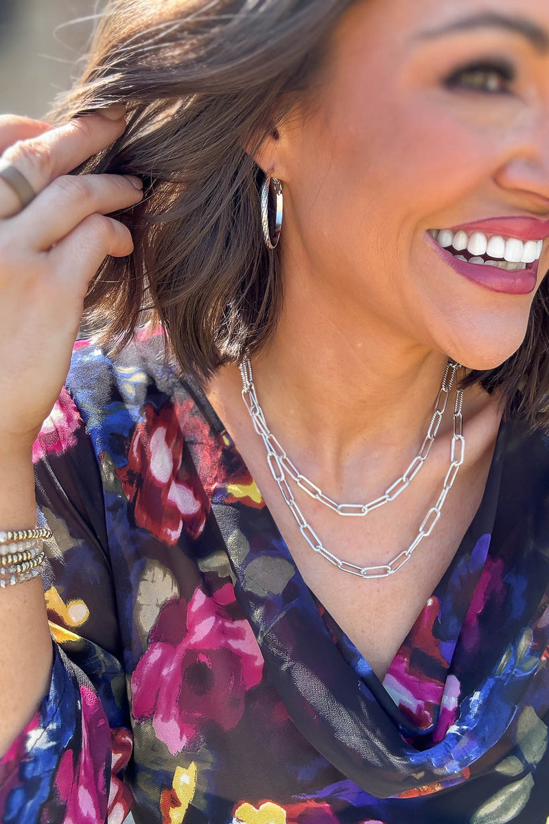 36 inch Silver Textured Metal Paperclip Chain Long Necklace