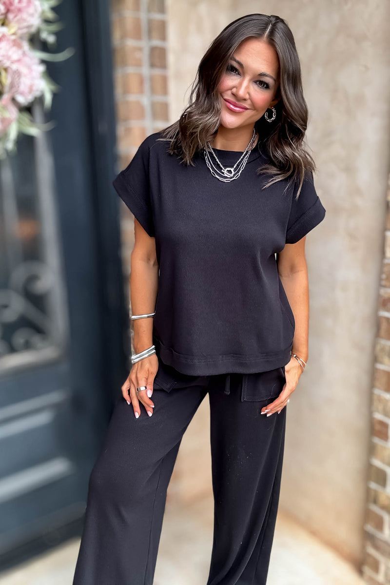 Retreat Black Ribbed Short Sleeve Top