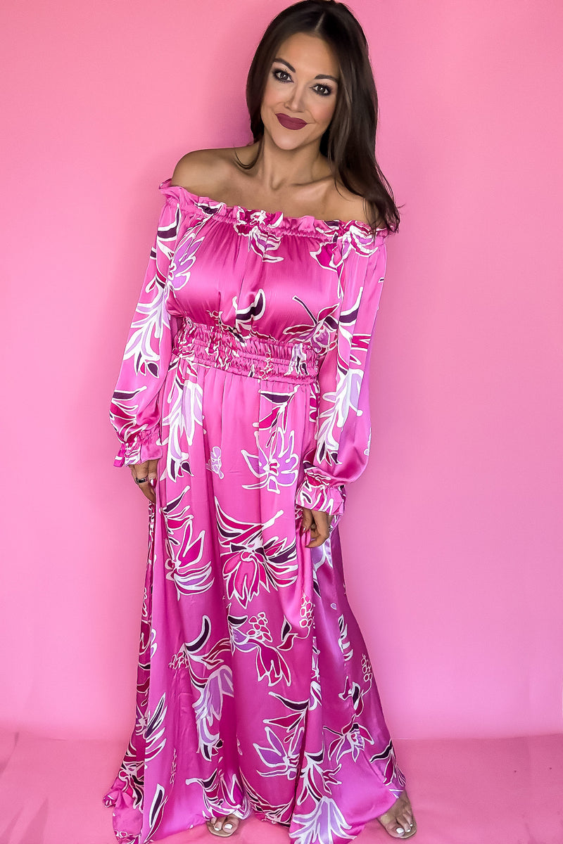 Hot Pink Off Shoulder Floral Print Maxi Dress