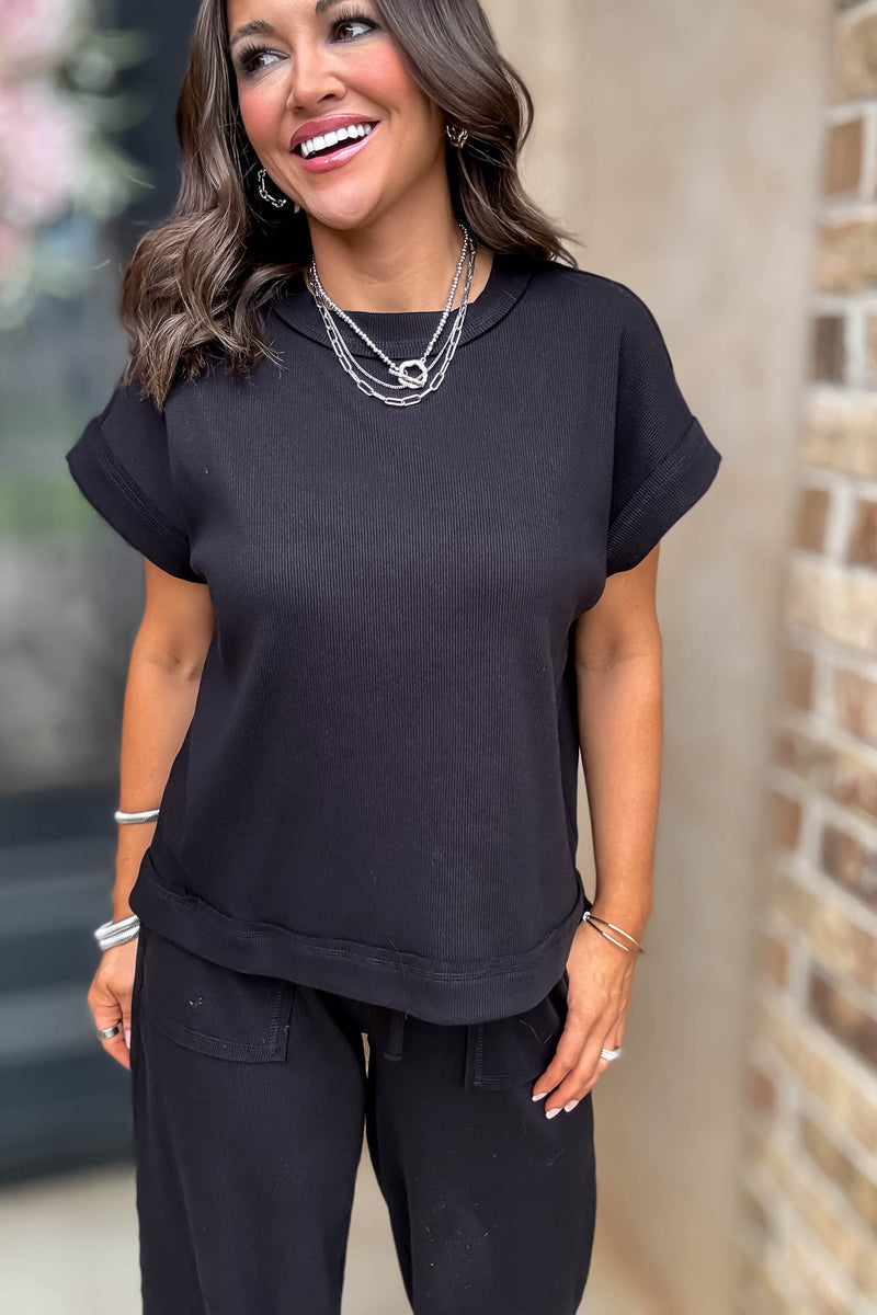 Retreat Black Ribbed Short Sleeve Top