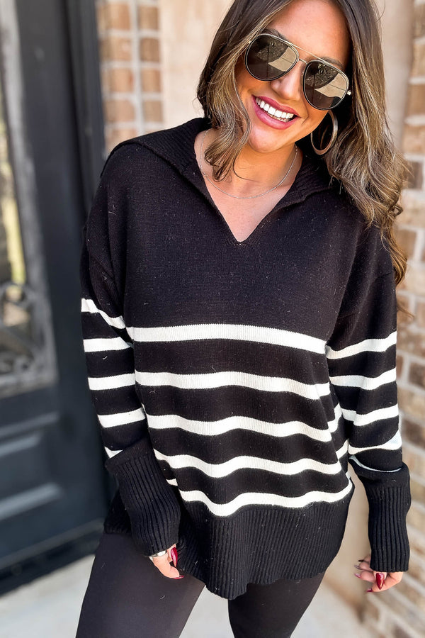 Black Striped Sailor Collar Neck Knit Sweater