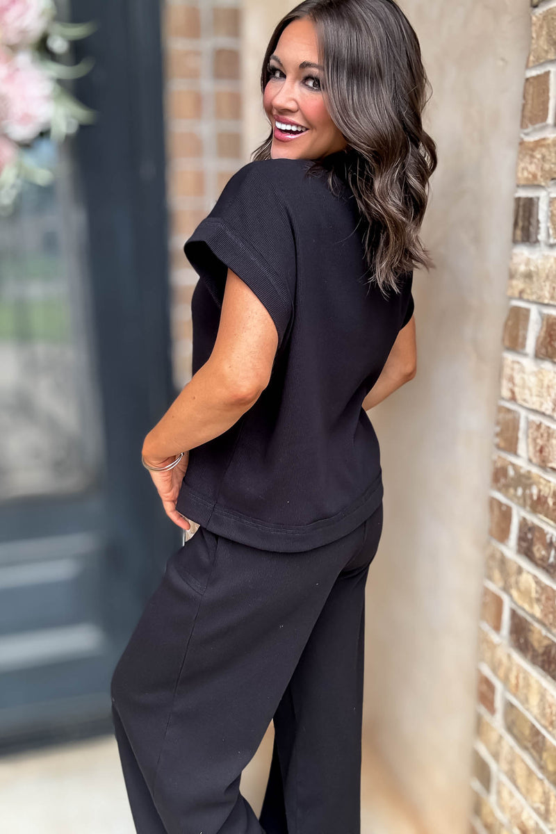 Retreat Black Ribbed Short Sleeve Top
