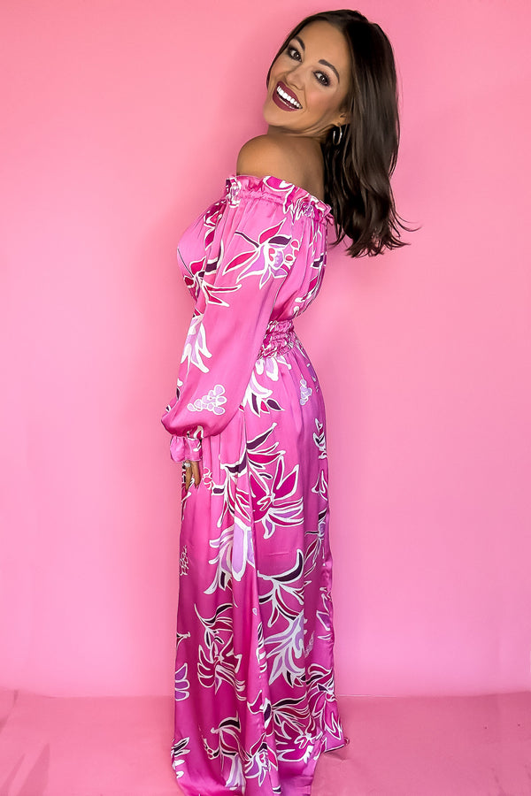 Hot Pink Off Shoulder Floral Print Maxi Dress