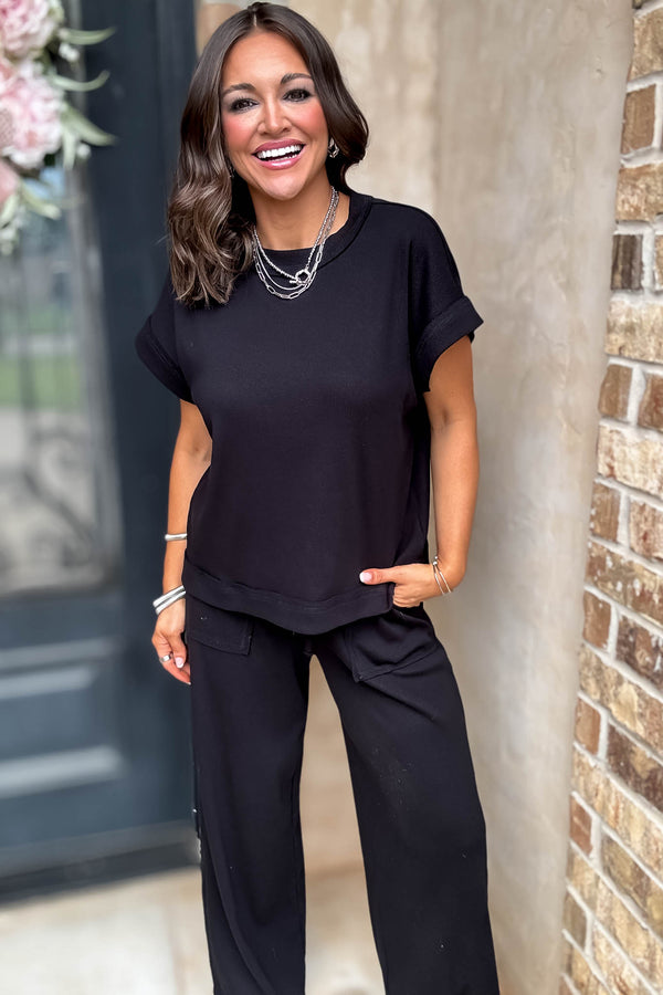 Retreat Black Ribbed Short Sleeve Top
