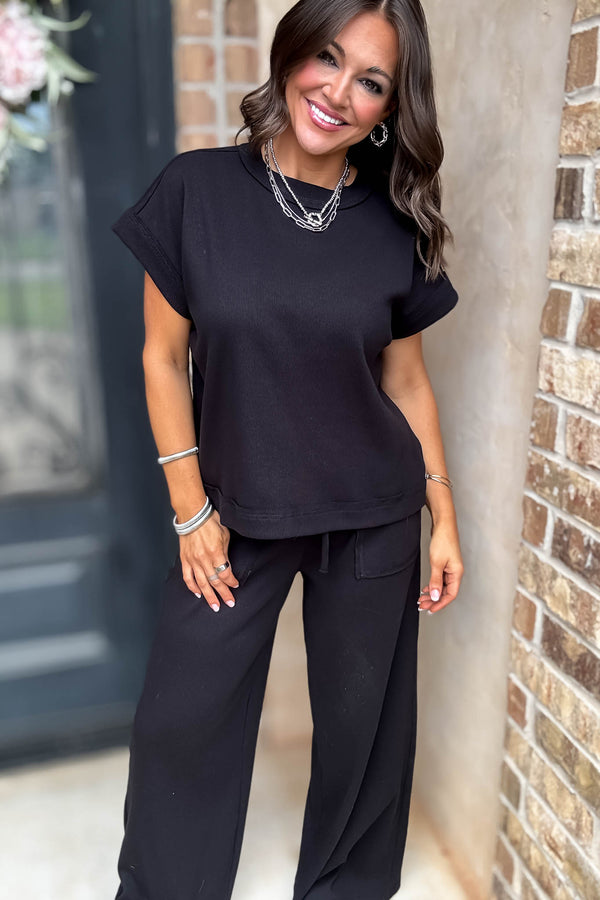 Retreat Black Ribbed Short Sleeve Top