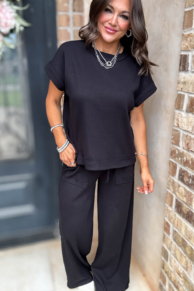 Retreat Black Ribbed Short Sleeve Top