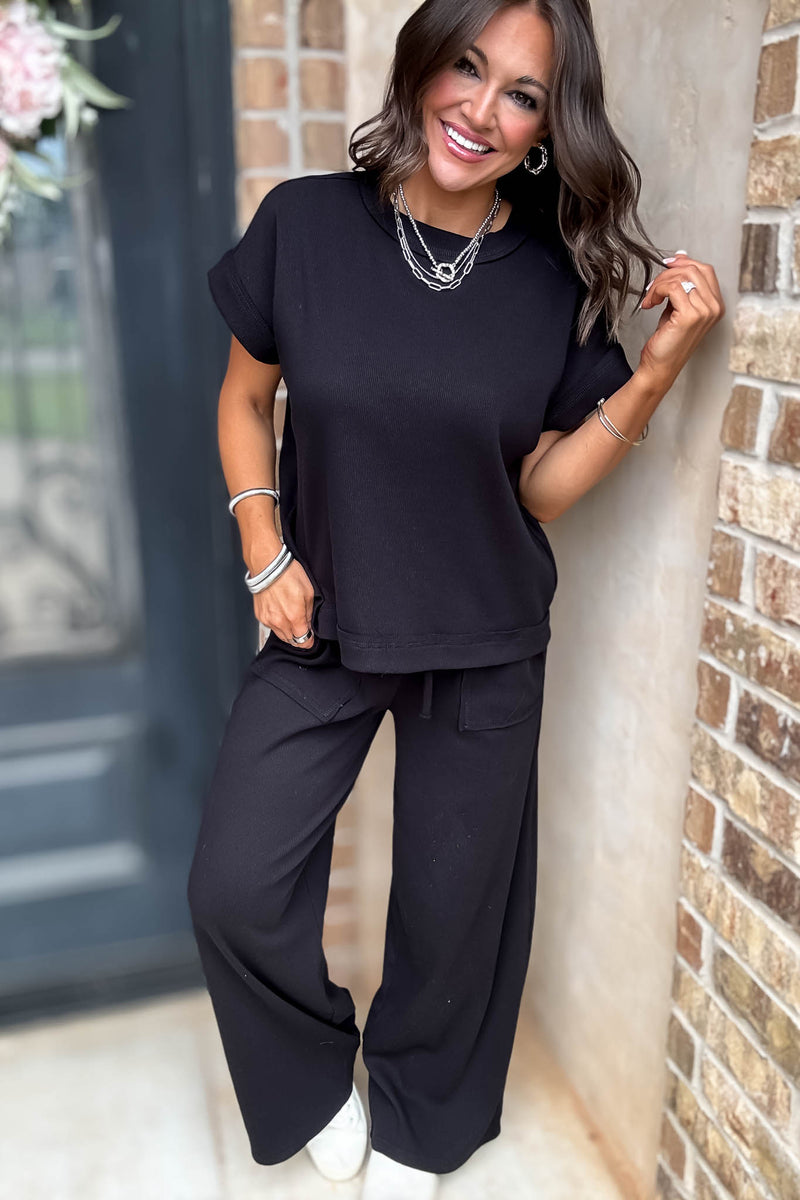 Retreat Black Ribbed Short Sleeve Top