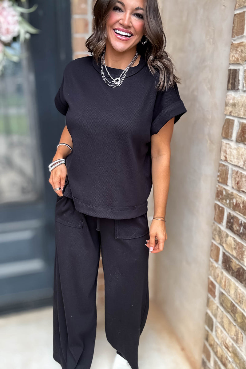 Retreat Black Ribbed Short Sleeve Top