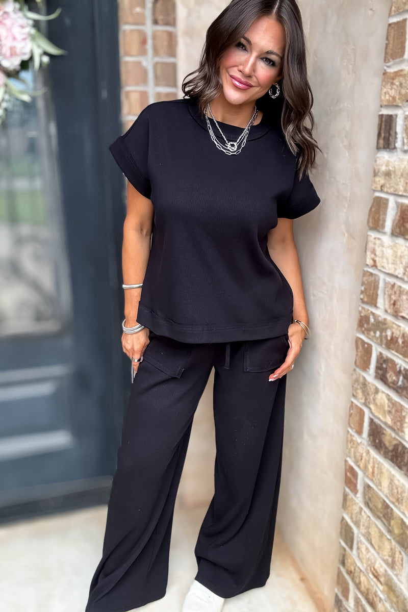 Retreat Black Ribbed Short Sleeve Top
