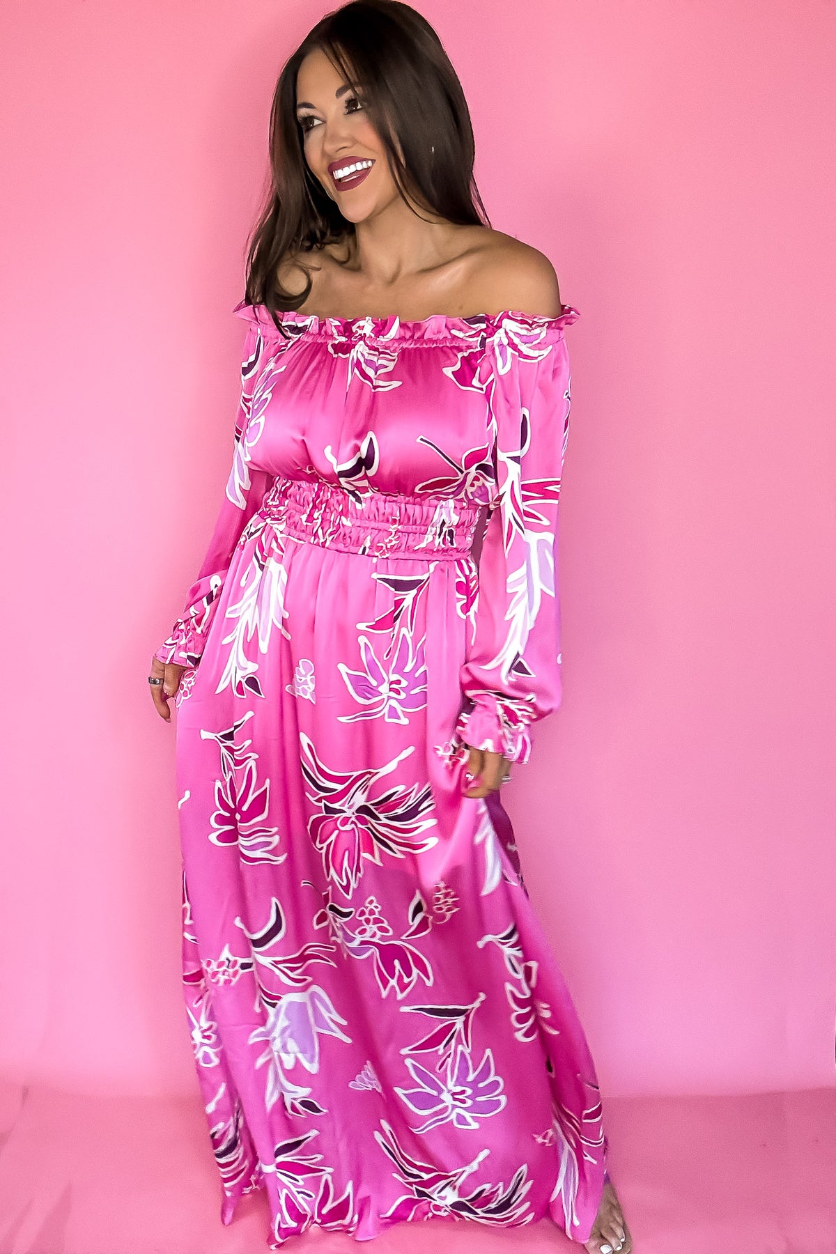 Hot Pink Off Shoulder Floral Print Maxi Dress Stella Rae's Hot Pink Off Shoulder Floral Print Maxi Dress Stella Rae's