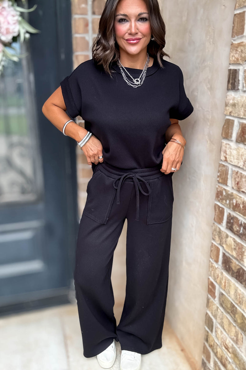 Retreat Black Ribbed Short Sleeve Top