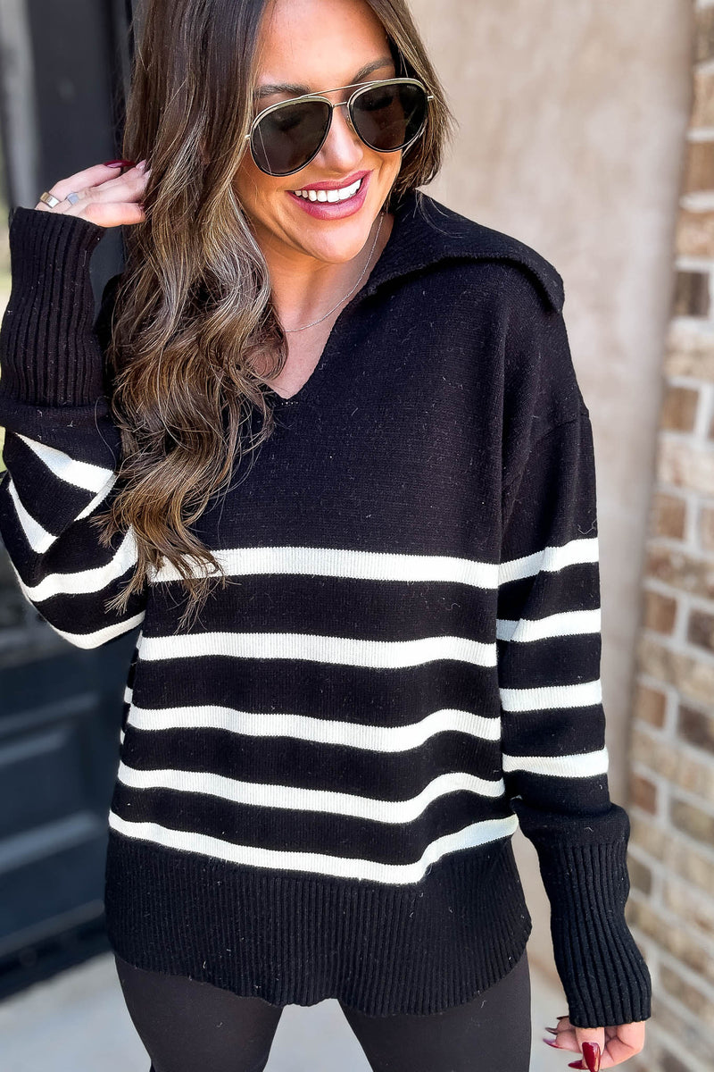 Black Striped Sailor Collar Neck Knit Sweater