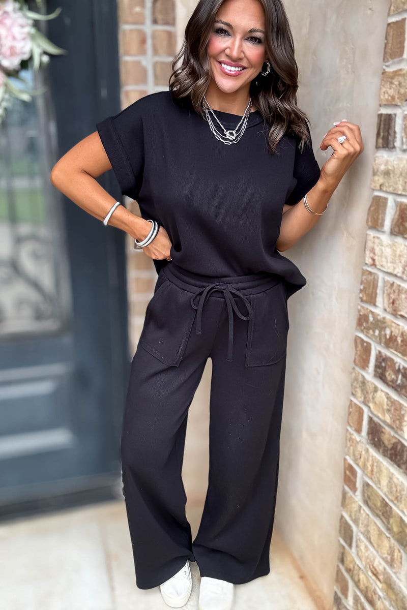 Retreat Black Ribbed Short Sleeve Top
