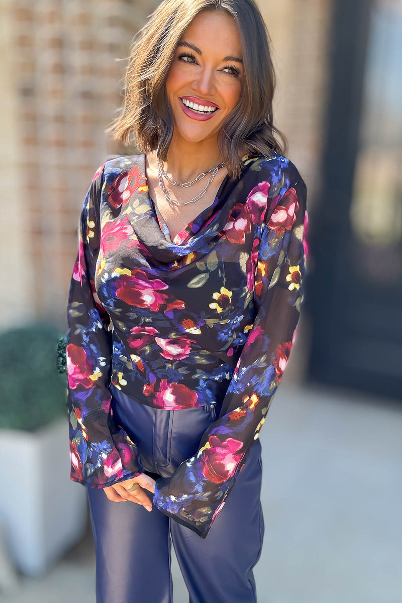 Le Lis Long Sleeve Cowl Neck Floral Printed Top